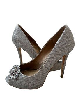 BADGLEY MISCHKA Belle Silver Jeweled Peeptoe Heels Size 7.5